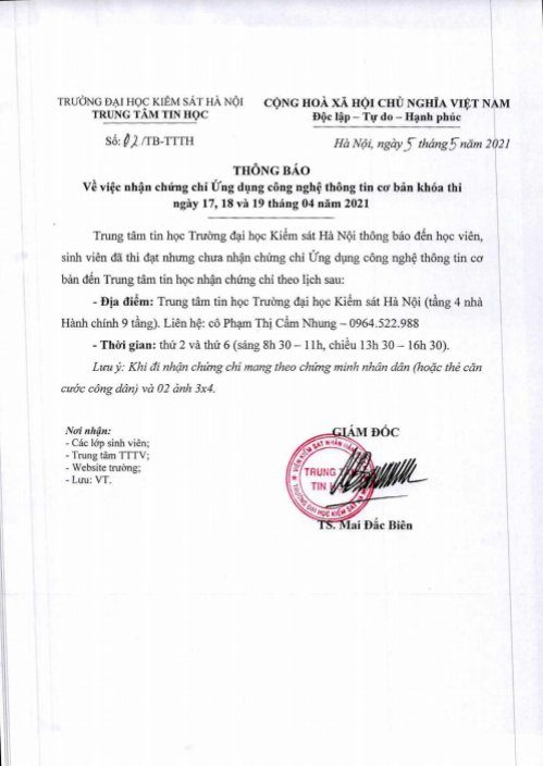 Thông báo nhận chứng chỉ UDCNTT cơ bản khóa thi ngày 17,18,19/4/2021